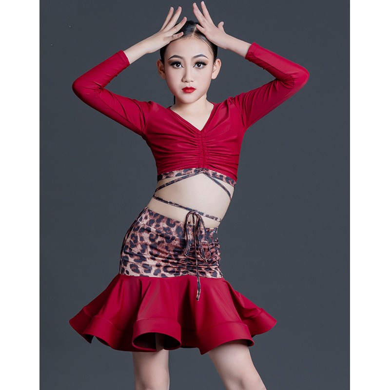 Wine with leopard Latin dance Dresses for kids girls gogo dancers performance clothes  ballroom salsa chacha dance suits for children