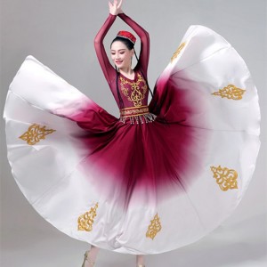 Wine Xinjiang dance dresses female  minority ethnic Uyghur xinjiang dance costumes performance practice big swing skirt