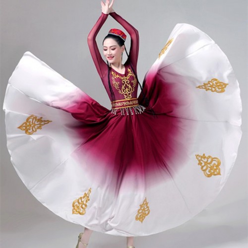 Wine Xinjiang dance dresses female  minority ethnic Uyghur xinjiang dance costumes performance practice big swing skirt