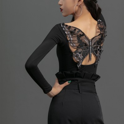 Women  black color ballroom latin dance bdoysuit back with butterfly pattern Ladies dance jumpsuits top professional national standard dance catsuits