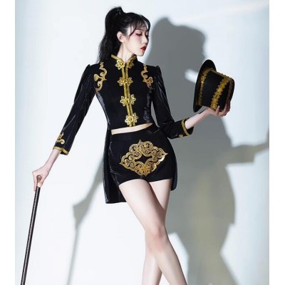 Women Black Jazz dance costumes gogo dancers band magician ensembles singing  rapper singers tuxedo tops and shorts stage performance outfits for female