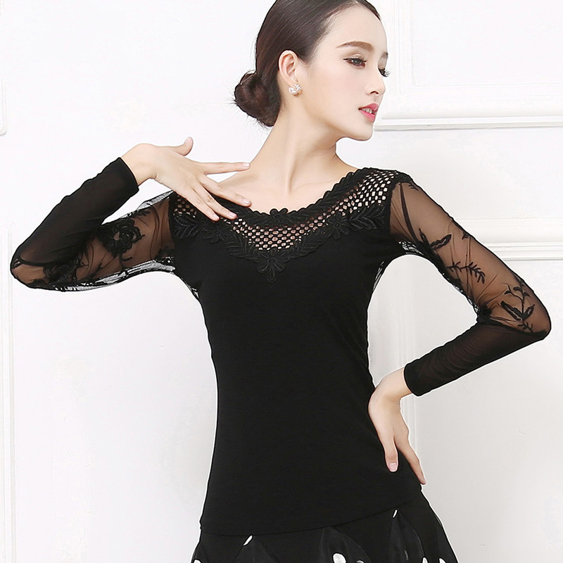 Women black lace Latin ballroom dance top with long sleeves see through back female dance costume adult ballroom dance blouses
