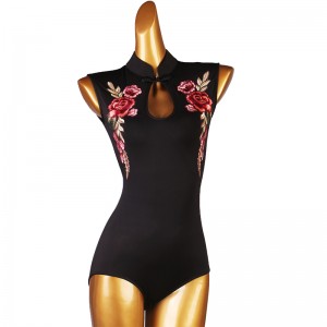 Women Black Latin Ballroom Dance bodysuits  Cheongsam Collar embroidered flowers flamenco waltz tango Dance jumpsuits Sleeveless Adult Modern Dance Tops