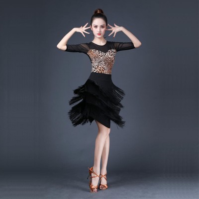 Women black leopard Latin dance costumes female fringed latin skirt long-sleeved top suit competition dance performance costume