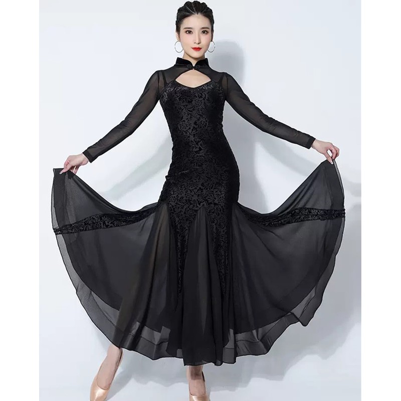 Women black leopard velvet ballroom dance dresses modern waltz tango foxtrot smooth dance long qipao dresses for female