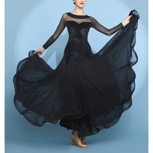 Women black leopard velvet sexy ballroom tango dance dress long mesh sleeves see through back v neck waltz flamenco dance dress 
