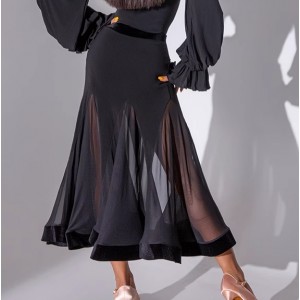 Women black mesh ballroom dance skirts  velvet ribbon for female tango foxtrot smooth dance long swing skirts