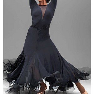 Women black mesh v neck ballroom dance dress for women waltz tango foxtrot smooth dance long dress for woman
