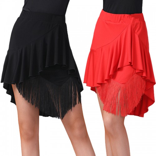 Women black  red fringed latin dance skirts ruffles irregular hem latin dance costumes salsa rumba chacha dance skirts for female 