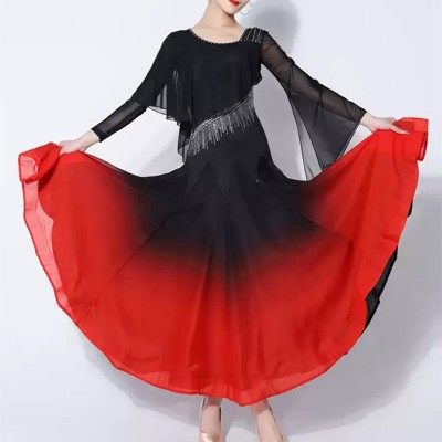 Women black red gradient competition ballroom dance dresses with gemstones professional waltz tango smooth dance long skirts gown for female