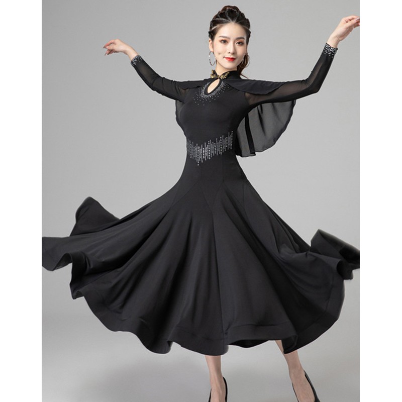 Women black red rhinestones ballroom dance qipao dress flamenco foxtrot waltz tango smooth dance performance long dress for lady 