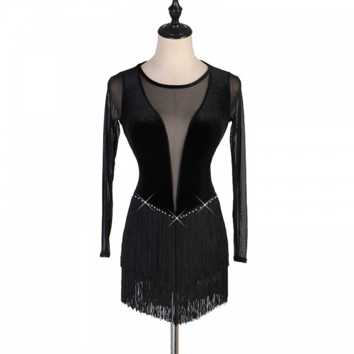 Women black velvet with mesh v neck competition latin dance dresses long sleeves see through back rumba salsa chacha dance dress for female