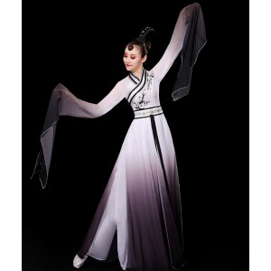 Women Black white gradient Chinese folk dance costumes Waterfall sleeves classical Caiwei fairy dance dresses elegant Hanfu Chinese style swing sleeve Caiwei costumes