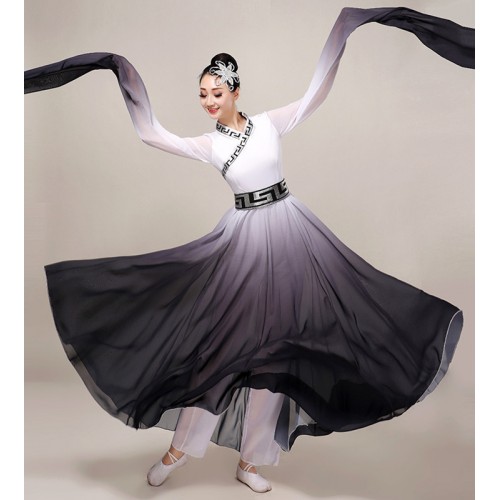 Women black white gradient color chinese folk dance dresses waterfall sleeves yangko dance clothes chinese traditional classical fairy princess dance costumes
