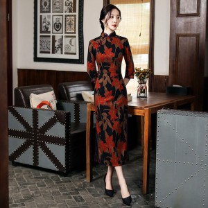 Women black with red leaves chinese dresses oriental old shang qipao dress host singers wedding party cheongsam dress for lady