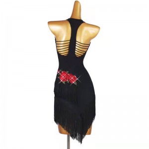 Women Black with red rose flowers competition fringe latin dance dresses Sexy backless irregular tassels skirts rumba salsa dance dress for woman