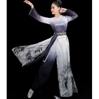 Women black with white gradient chinese folk dance costumes ancient traditional classical fan umbrella dance dress fairy princess solo performance dresses