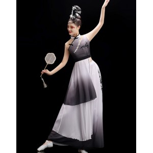 Women black with white gradient chinese folk dance costumes classical fan umbrella fairy princess  dance dress for female