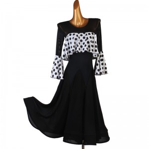 Women black with white polka dot ballroom dance dresses half flare sleeves ruffles front modern flamenco waltz tango dance long dresses for lady