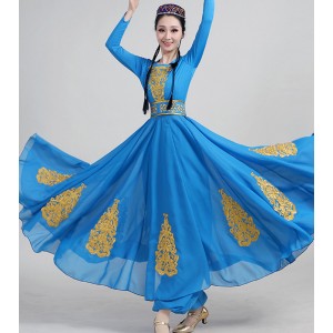 Women blue color Xinjiang dance costume Female ethnic style Uyghur dance performance skirt One-piece skirt suit