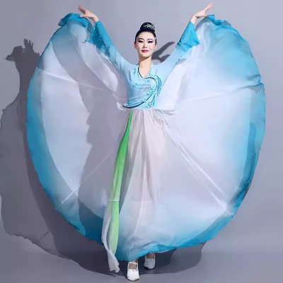 Women Blue gradient chinese folk Classical dance costumes with flowing fan solo dance wear Chinese style Gangnam umbrella dance dresses big skirt Repertory art test 