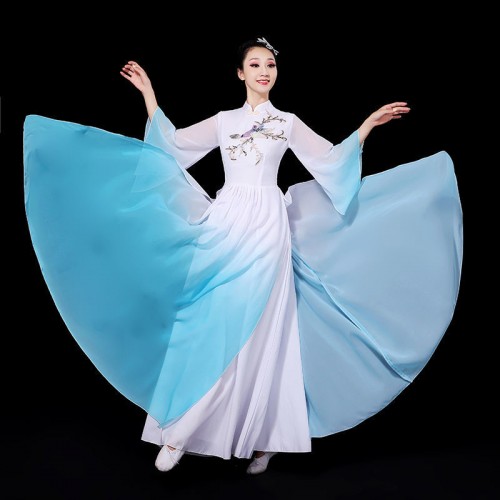 Women blue gradient chinese folk Classical dance performance costume female fan dance costume Chinese style umbrella dance performance suit