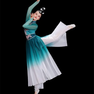 Women blue gradient chinese folk dance dress fairy hanfu dresses chines traditional classical fan umbrella yangge dance costumes for female