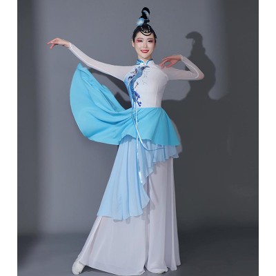 Women blue gradient chinese folk dance dress Yangko fan umbrella performance costumes traditional classical fan dance suit cheongsam dress