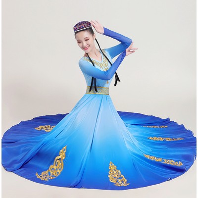 Women blue gradient color chinese folk dance dress Xinjiang dance big swing skirt Uyghur performance  costume practice folk dance costume opening dance dresses