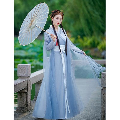 Women blue hanfu fairy dress chinese ancient folk costume Han Tang Ming Song film princess classical dance  stage performance costume