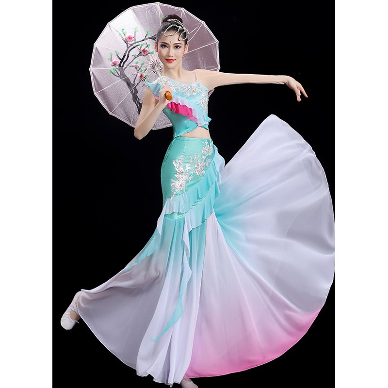 Women Blue Pink Gradient colored Chinese folk Dai dance dress mermaid belly Peacock dance dresses modern dance skirts for female