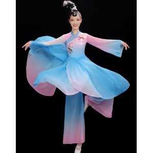 Women blue with pink gradient petals chinese folk dance costumes fairy hanfu princess yangko umbrella fan dance stage performance dress for female