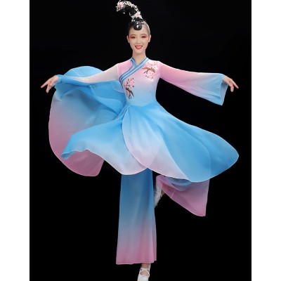 Women blue with pink gradient petals chinese folk dance costumes fairy hanfu princess yangko umbrella fan dance stage performance dress for female