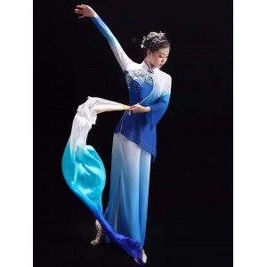 Women blue with white gradient Chinese folk dance costumes hanfu ancient traditional classical fan umbrella performance dresses for female