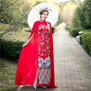 Women china retro Chinese dresses Qipao dress retro double deck dance performance dress wedding dinner dress