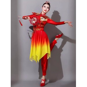 Women Chinese dragon folk dance costumes Festive Chinese style gong and waist drum team dance dressesModern dancing water inspires fan umbrella dance clothes for female