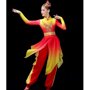 Women Chinese dragon folk Drumming dance costume  Festival celebration lion drum gongs and drums water drums performance clothes for female fan Yangko clothing 
