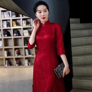 Women chinese dress oriental red lace Qipao Stand-up collar mid-length retro dress host singer miss etiquette wedding party cheongsam for woman