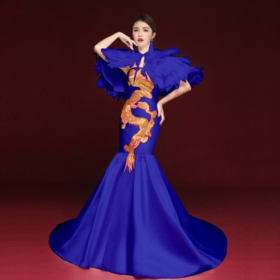 Women Chinese dresses China qipao dresses evening dress royal blue feather singers host performance dress women stage show exaggerated cheongsam