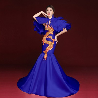 Women Chinese dresses China qipao dresses evening dress royal blue feather singers host performance dress women stage show exaggerated cheongsam