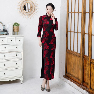 Women Chinese Dresses oriental retro qipao cheongsam dress Red blue Maple Leaf Retro model catwalk banquet host singers chorus dresses for lady