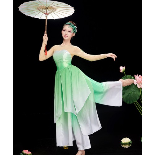 Women chinese folk Classical dance costume yangko dance dresses elegant green colored jasmine fan umbrella dance costume