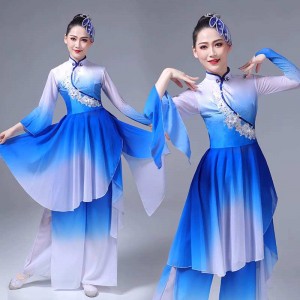 Women Chinese folk Classical dance costumes Blue gradient traditional Yangge fan umbrella dance dress for women girls flowing gauzem dance dress hanfu