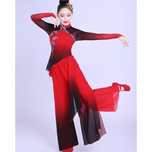 Women Chinese Folk Dance Clothing Red Gradient Color chinese folk yangko umbrella fan dance costumes stage performance classical dance clothes