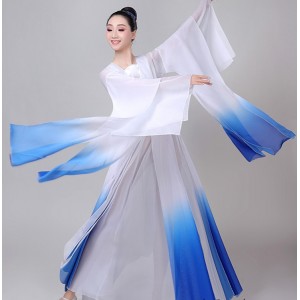Women Chinese folk dance costumes female blue gradient colored traditional classical dance hanfu fairy drama cosplay dress