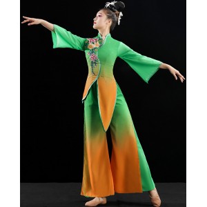 Women chinese folk dance costumes green with orange gradient Yangko performance costume jasmine fan umbrella dance dresses classical dance fairy performance costume