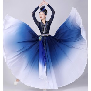 Women Chinese folk dance dress blue gradient colored Mongolian Dance dress mongolia dance Performance Costumes