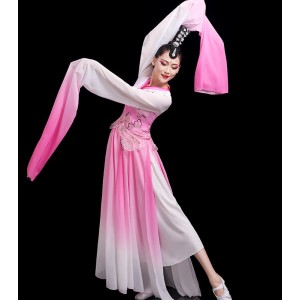 Women chinese folk dance dress hanfu performance pink gradient fairy dresses Female Chinese style Jinghong Dance Waterfall sleeves Classical Dance costumes
