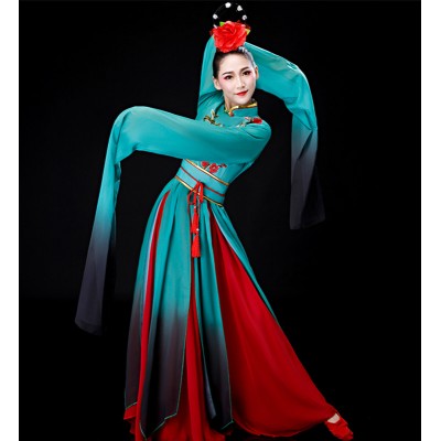 Women Chinese folk Dance Dresses Green with red Water sleeve dance costume female elegant Chinese style Jinghong Cai wei fairy princess dance clothes
