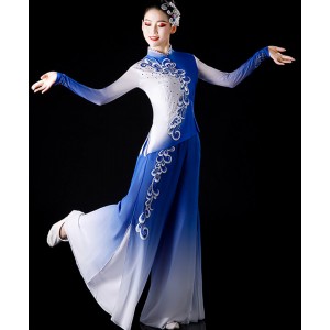 Women chinese folk Yangko costume pink blue orange gradient color fan umbrella performance dresses solo stage dance suit Chinese style classical dance costume for female